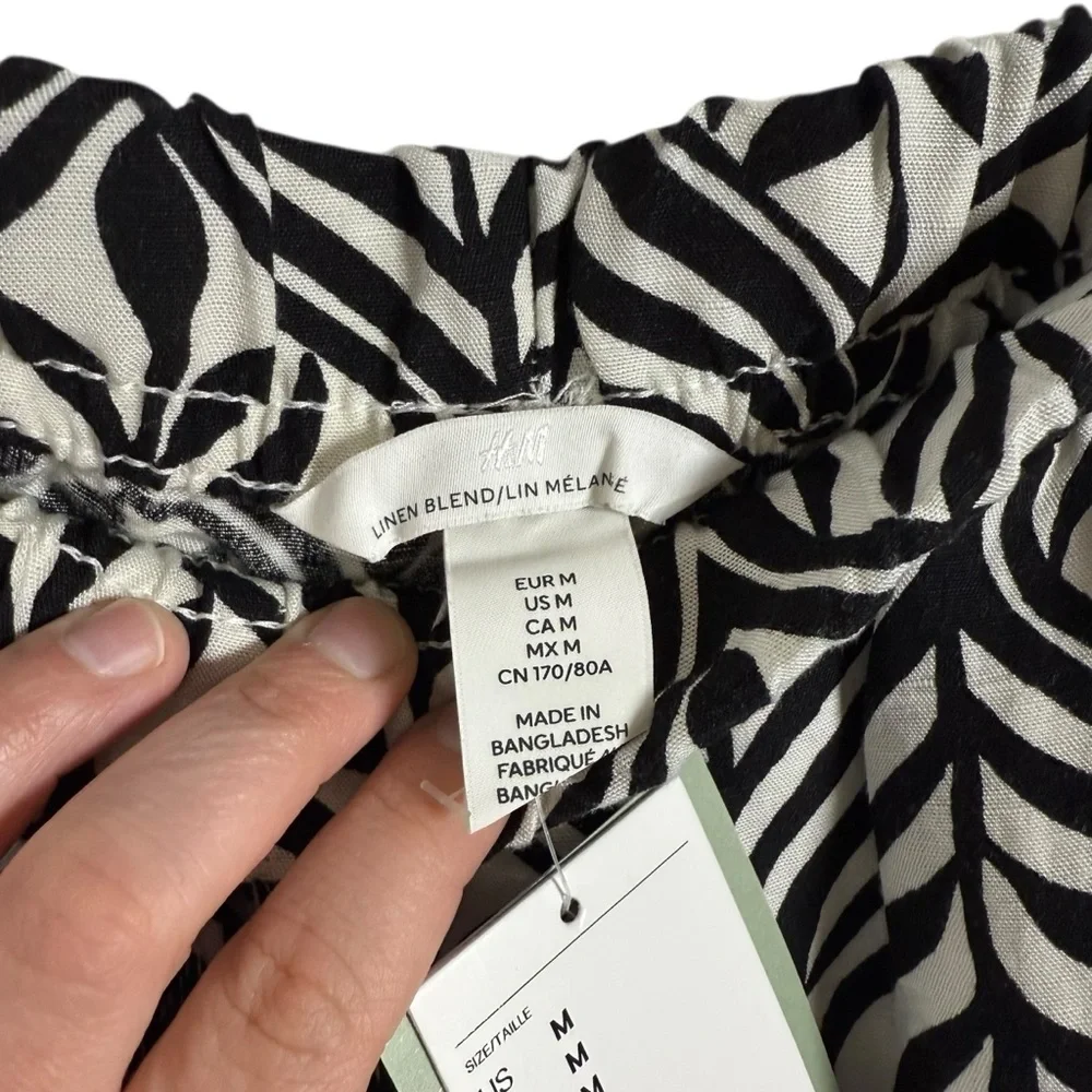 NWT H&M Women’s Wide Leg Linen-Blend Patterned Pants Black/White M